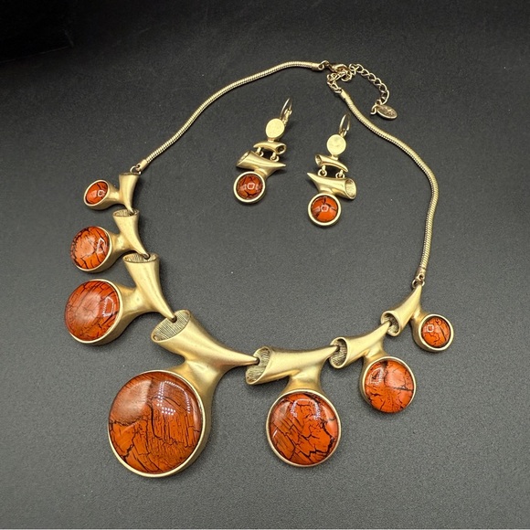 Brutalist Brushed Gold and Marbled Orange Jewelry Set of Earrings and Necklace - Picture 12 of 17